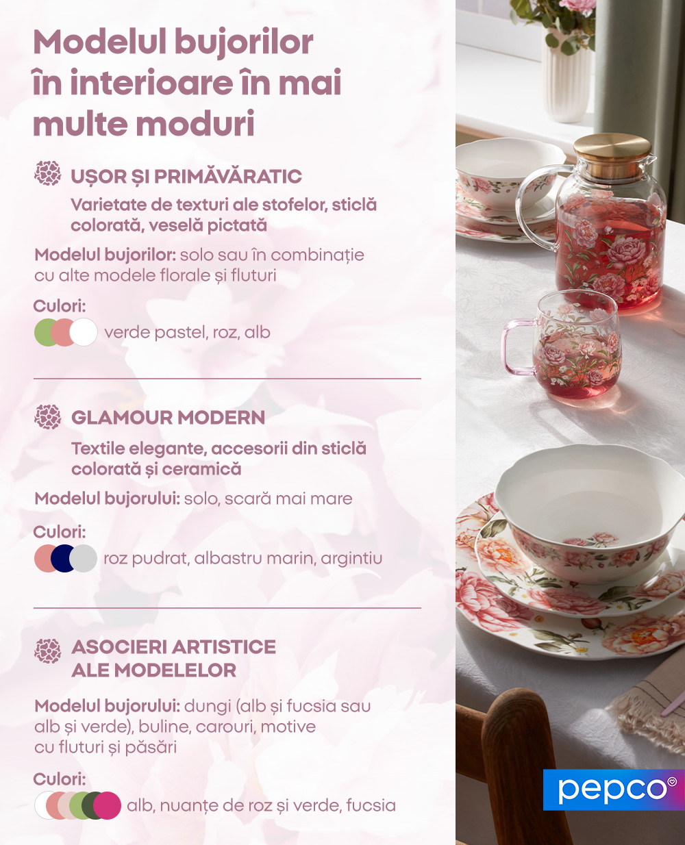 Modelul bujorilor în interioare în mai multe moduri 