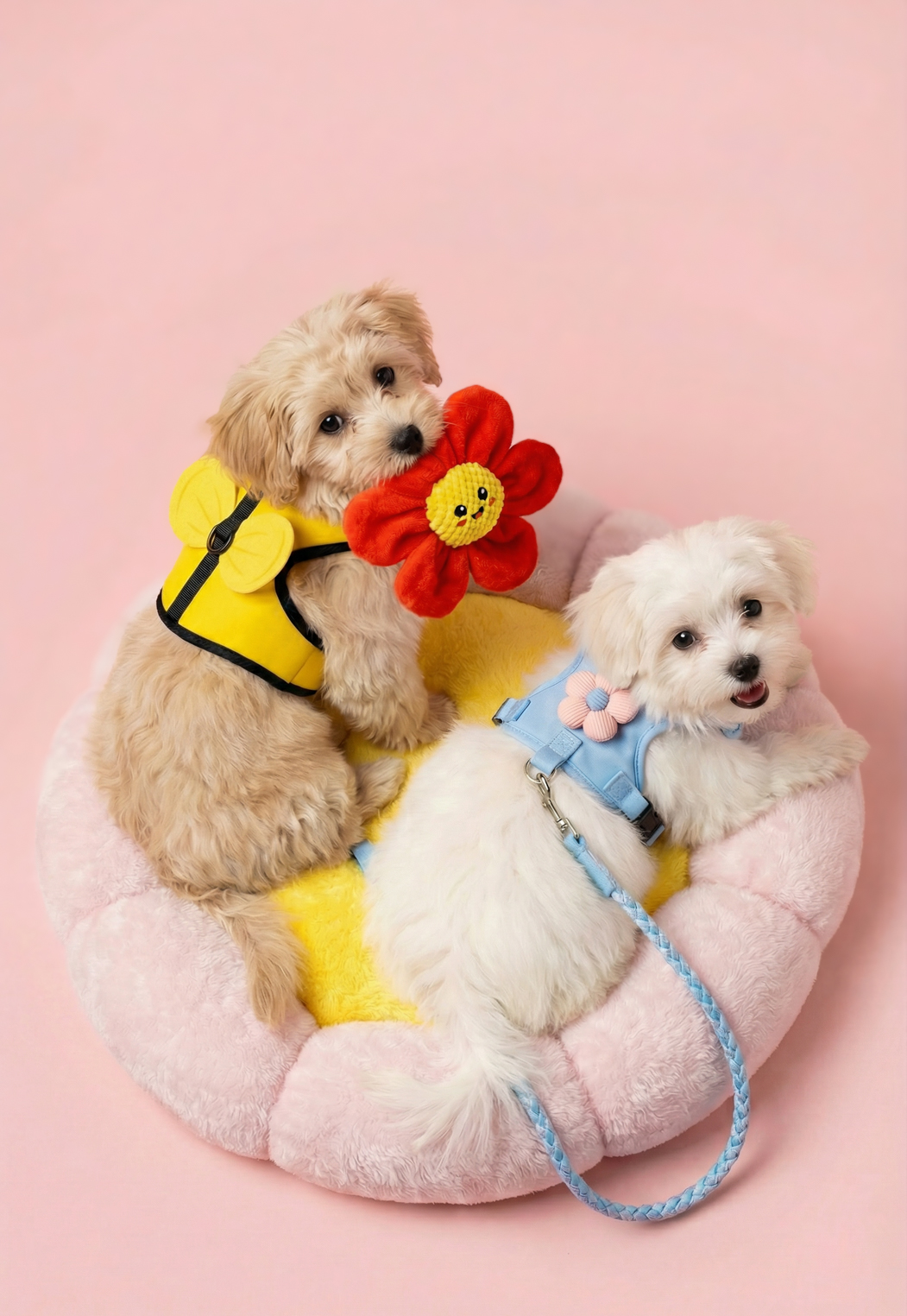 Câinele ține o jucărie colorată.